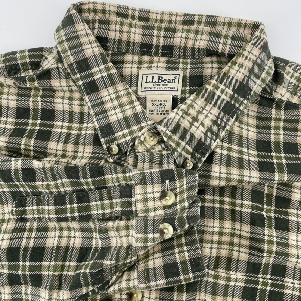 L.L Bean Men's XXL Regular Green Tan Plaid Cotton Button Down Shirt